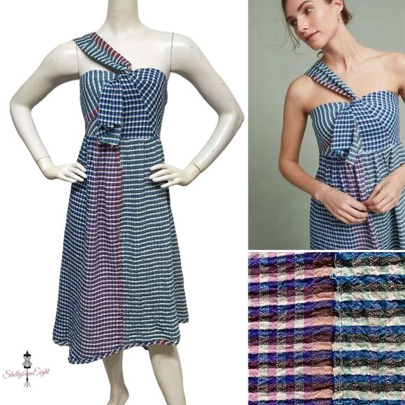 ANTHROPOLOGIE Maeve Waverly Checkered Plaid One Shoulder Asymmetric Dress 4 6 S - Picture 1 of 16